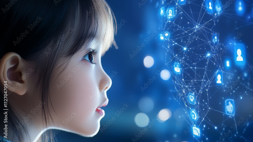 Curious child explores a network of interconnected social media icons in the digital age Curious child explores a network of interconnected social media icons in the digital age