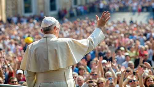 Pope standing back view with raised hand in front of crowd of greeting people photo