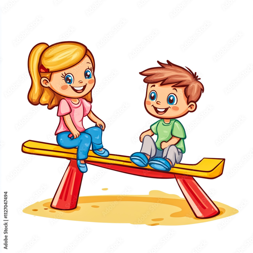Colorful illustration of two happy children on a seesaw in a playground isolated on white background. Colorful illustration of two happy children on a seesaw in a playground isolated on white background.