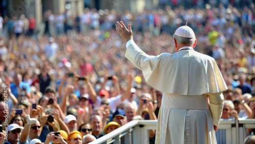 Pope standing back view with raised hand in front of crowd of greeting people
