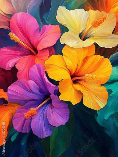 Vibrant Colorful Hibiscus Flowers. Abstract Floral Art. Tropical Botanical Design.