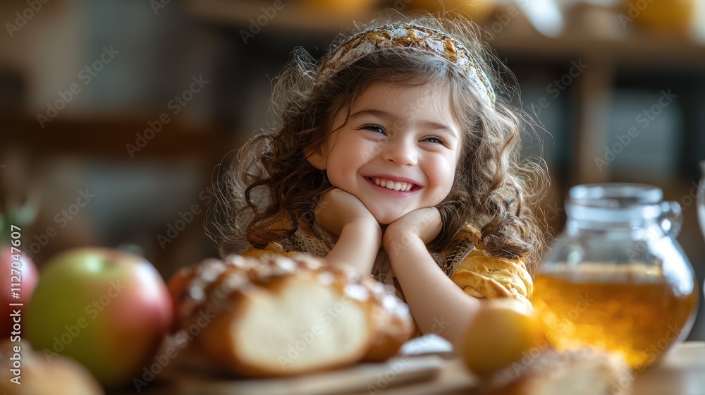 Child Sitting with Rosh Hashanah Foods: Apples, Honey, Challah Child Sitting with Rosh Hashanah Foods: Apples, Honey, Challah