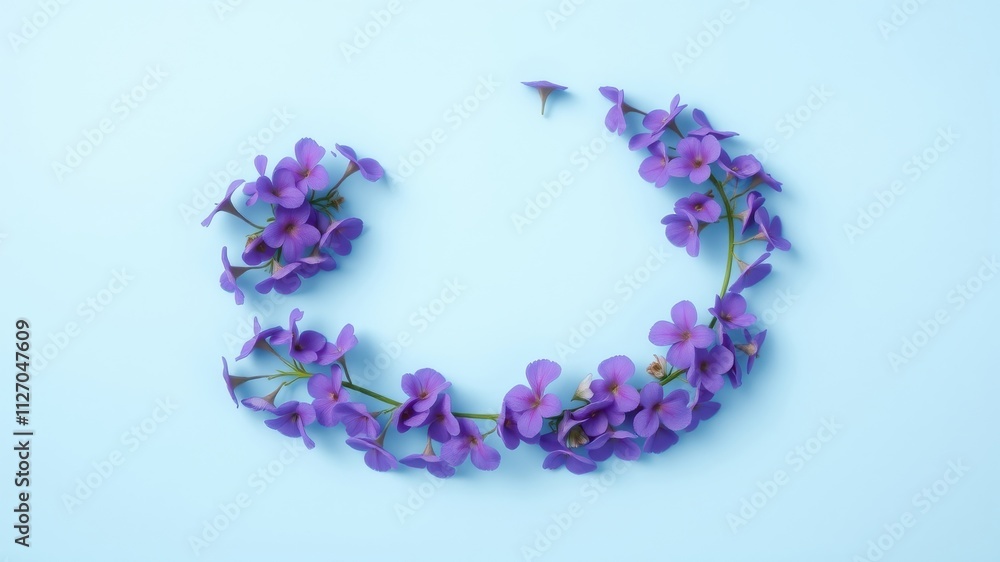 Pastel Purple Flowers Forming a Circular Frame on a Light Blue Background Pastel Purple Flowers Forming a Circular Frame on a Light Blue Background
