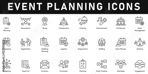 Event Planning Icons vector illustration with thin line editable stroke containing decoration, venue, coordination, catering, entertainment, conference, scheduling, registration, logistics, staffing