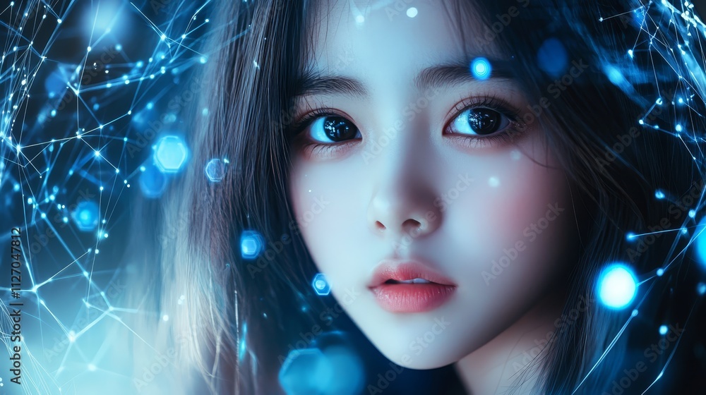 Portrait of a girl with long, flowing hair and striking blue eyes Portrait of a girl with long, flowing hair and striking blue eyes