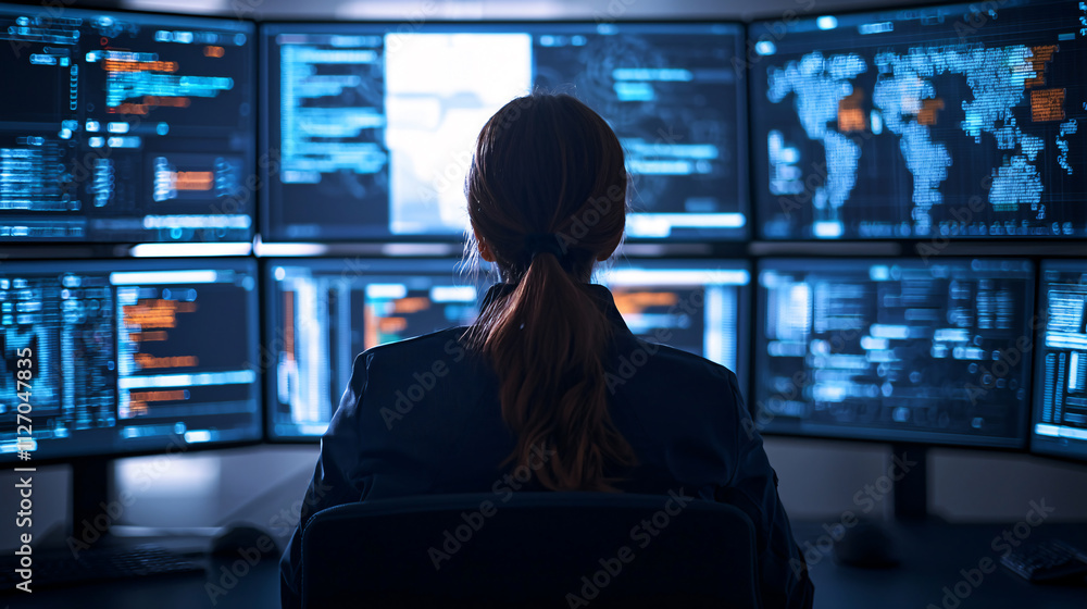 Woman in a control room surrounded by multiple screens displaying digital information, symbolizing cybersecurity and data analysis. Woman in a control room surrounded by multiple screens displaying digital information, symbolizing cybersecurity and data analysis.