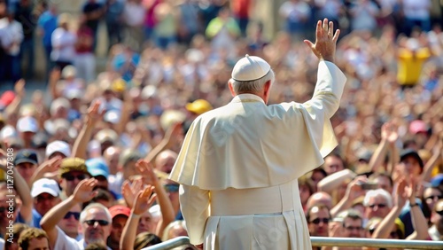Pope standing back view with raised hand in front of crowd of greeting people