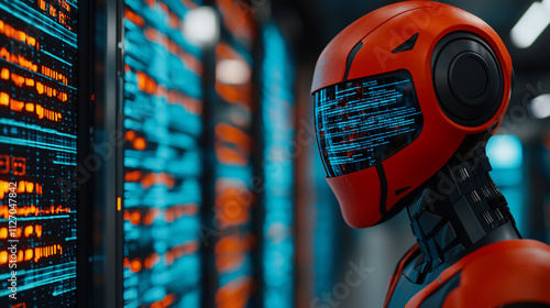 Sleek orange robot with a digital interface on its visor standing in a data center, showcasing futuristic artificial intelligence technology.