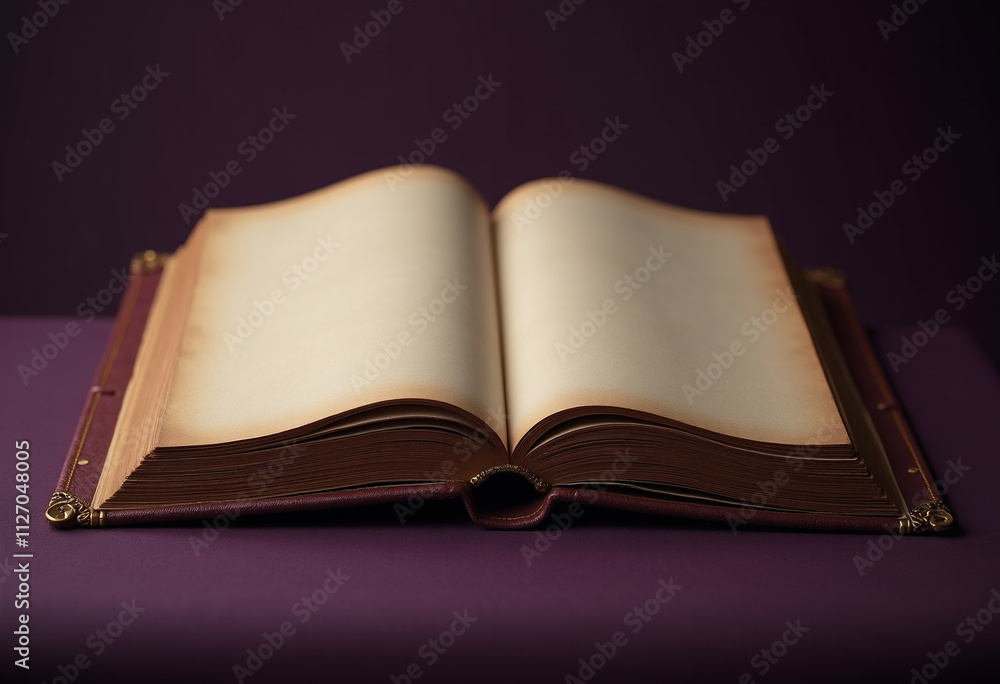 An open antique book with aged creamy pages rests on a deep purple surface. An open antique book with aged creamy pages rests on a deep purple surface.