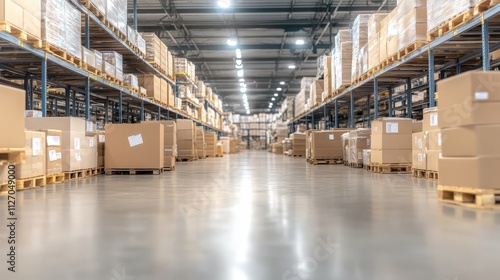 Wallpaper Mural Expansive warehouse interior, organized rows of stacked cardboard boxes for efficient storage and distribution Torontodigital.ca