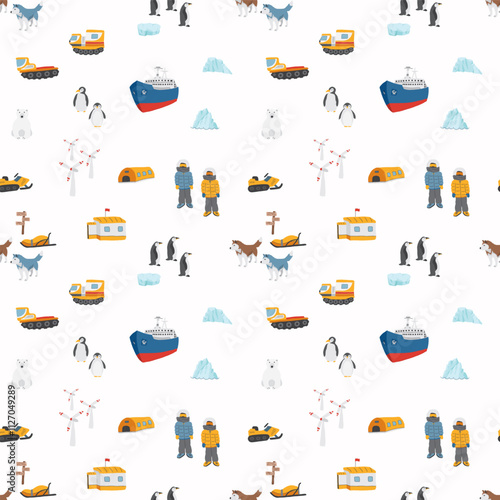 Polar station seamless pattern. Cute Cartoon arctic animals background. Vector Illustration.