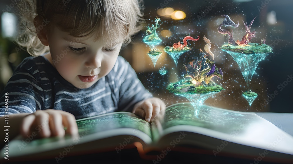 Fototapeta premium close-up shot of a child reading a book, with an imaginative landscape of floating islands and magical creatures forming above them, representing the intersection of reality and imagination 