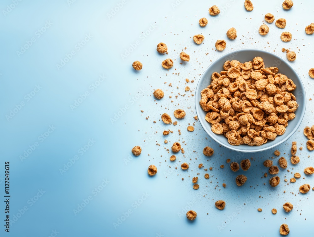 Wholesome breakfast cereal in a bowl on vibrant blue background Wholesome breakfast cereal in a bowl on vibrant blue background