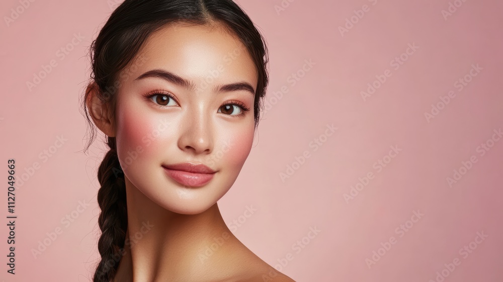An Asian woman poses with impeccable skin against a pastel pink backdrop, reflecting skincare excellence and elegance in a commercial context. An Asian woman poses with impeccable skin against a pastel pink backdrop, reflecting skincare excellence and elegance in a commercial context.
