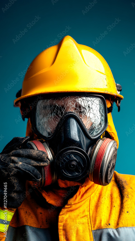 A worker in a yellow helmet and mask prepares for safety in a hazardous environment, emphasizing protection and readiness. A worker in a yellow helmet and mask prepares for safety in a hazardous environment, emphasizing protection and readiness.