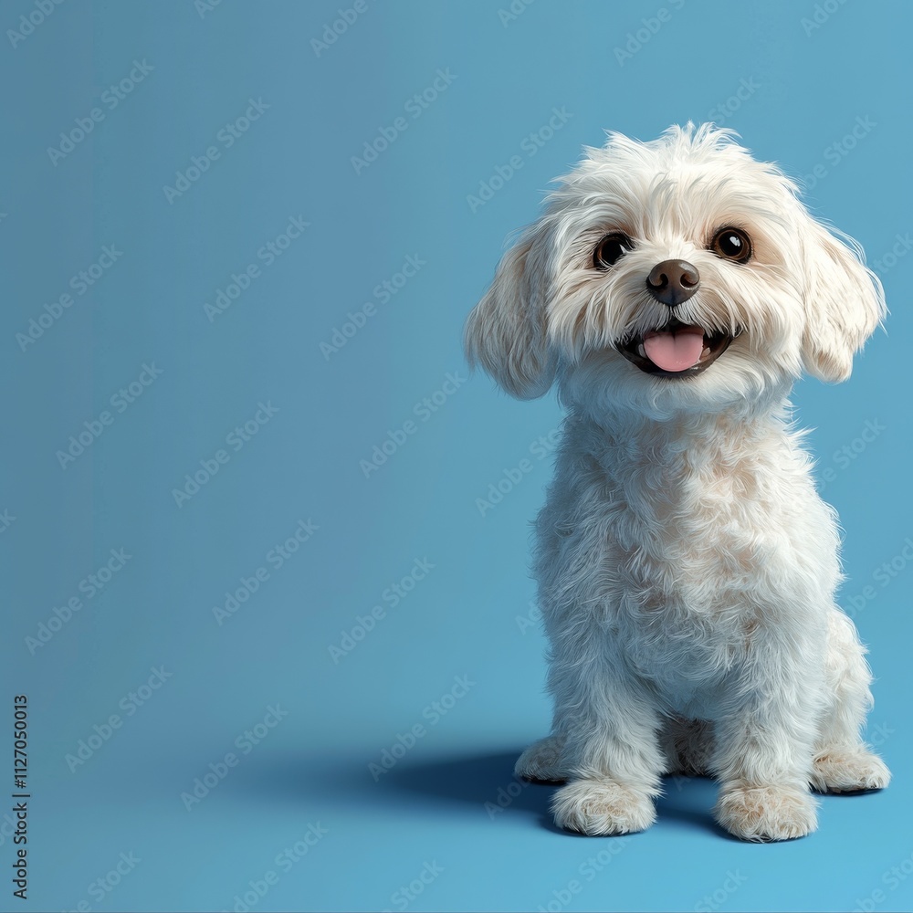 Cute fluffy dog with joyful expression against blue background Cute fluffy dog with joyful expression against blue background