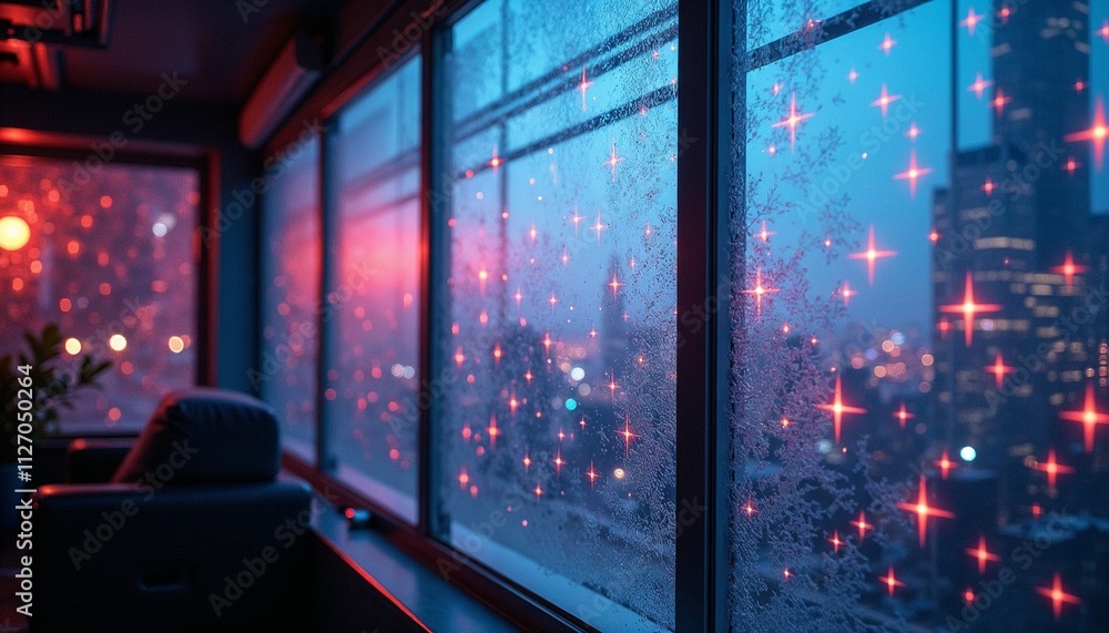 Frosted window with red and blue lights in cityscape Frosted window with red and blue lights in cityscape