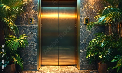 Modern elevator lobby with lush plants and elegant decor.