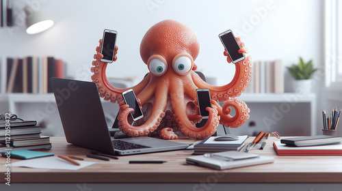 octopus with multiple arms is multitasking at desk, holding smartphones while working on laptop. scene captures humorous take on modern technology and productivity