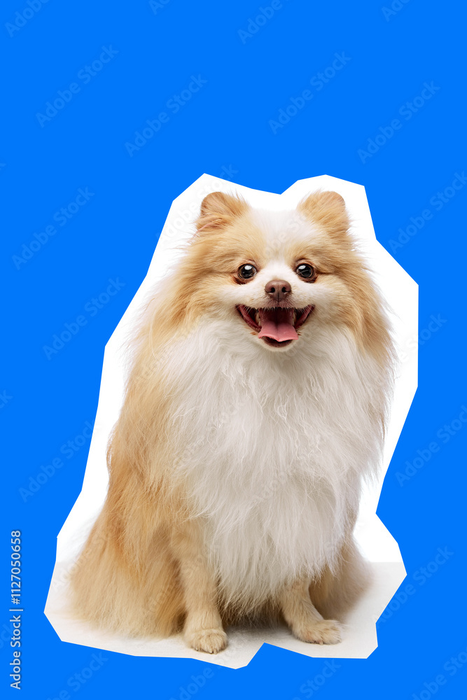 Adorable Pomeranian, with its fluffy white and brown coat and a cheerful smile calmly sitting against blue background. Concept of animal, pet care, vet, happiness. Banner, ad, poster Adorable Pomeranian, with its fluffy white and brown coat and a cheerful smile calmly sitting against blue background. Concept of animal, pet care, vet, happiness. Banner, ad, poster