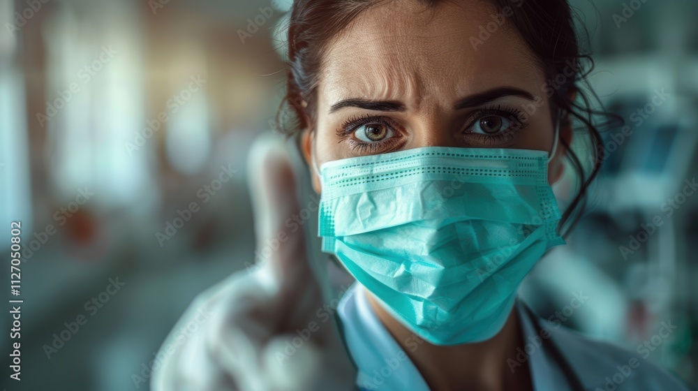 Female healthcare worker checking patient health with a thermometer and mask at a medical facility, testing for virus or fever Female healthcare worker checking patient health with a thermometer and mask at a medical facility, testing for virus or fever