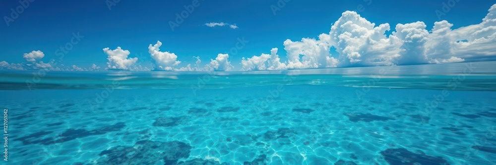 Blue sea with crystal clear water surface reflecting the sunny and cloudy sky above, revealing a colorful underwater world teeming with vibrant marine life, cloudy sky, surface, ocean water Blue sea with crystal clear water surface reflecting the sunny and cloudy sky above, revealing a colorful underwater world teeming with vibrant marine life, cloudy sky, surface, ocean water