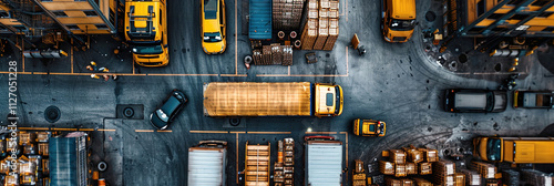 Overhead view of logistics warehouse, spacious layout, industrial shelving, vehicles in loading docks photo