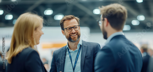 Wallpaper Mural A lively conversation between three suited professionals at a trade fair, their staff lanyards visible, reflecting the collaborative and laid-back nature of corporate networking events. Torontodigital.ca