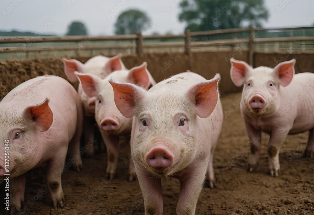 A large herd of pigs is standing among the dirt, gazing at the camera A large herd of pigs is standing among the dirt, gazing at the camera