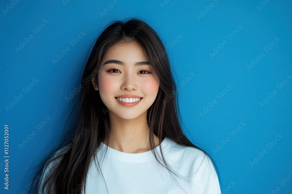 Beautiful Asian girl with long dark hair stands smiling warmly in front of a turquoise background. She is wearing a simple white shirt, exuding natural beauty and positivity. Beautiful Asian girl with long dark hair stands smiling warmly in front of a turquoise background. She is wearing a simple white shirt, exuding natural beauty and positivity.