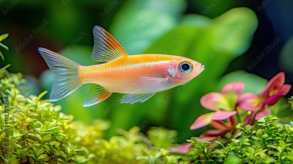 A small, vibrant freshwater fish with shiny scales and delicate fins gracefully glides through a lush underwater garden filled with an array of lush green plants and brightly colored flowers