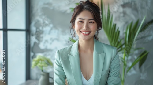 a light plastel green suit, an Asian businesswoman stands confidently in a soft and solid pastel plain background, her calm demeanor perfect for professional environments.