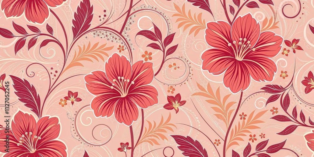 A seamless floral pattern featuring delicate red flowers, intricate swirls, and elegant foliage on a soft pink background. A seamless floral pattern featuring delicate red flowers, intricate swirls, and elegant foliage on a soft pink background.