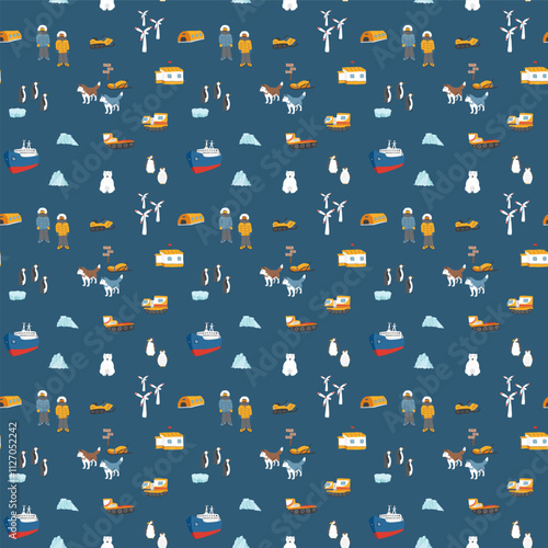 Polar station seamless pattern. Cute Cartoon arctic animals background. Vector Illustration.