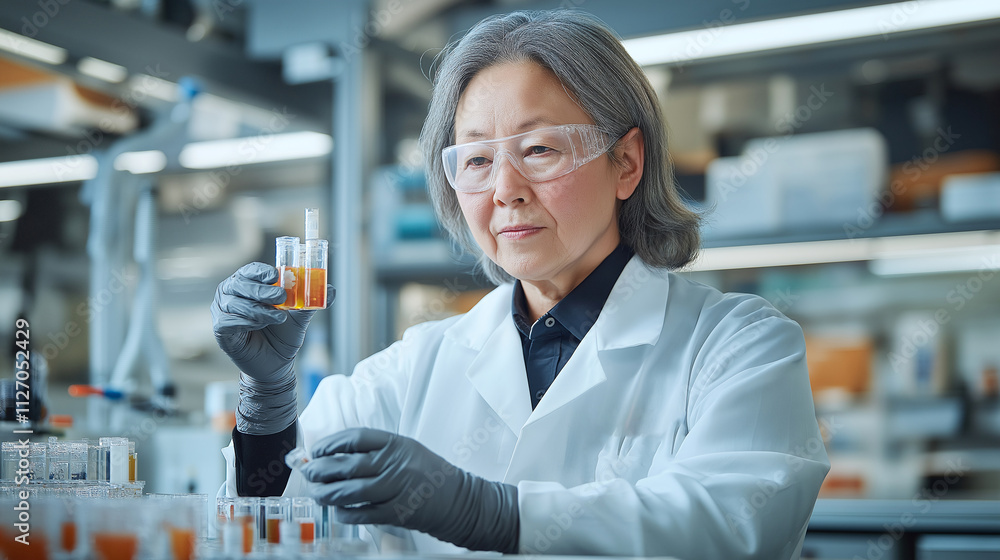 scientist in laboratory examines test tubes filled with orange liquid, showcasing precision and focus. high tech environment highlights advanced research and experimentation scientist in laboratory examines test tubes filled with orange liquid, showcasing precision and focus. high tech environment highlights advanced research and experimentation
