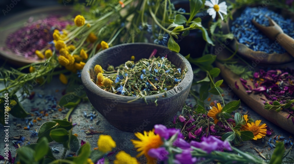 Dried herbal flowers in a rustic wooden bowl Dried herbal flowers in a rustic wooden bowl