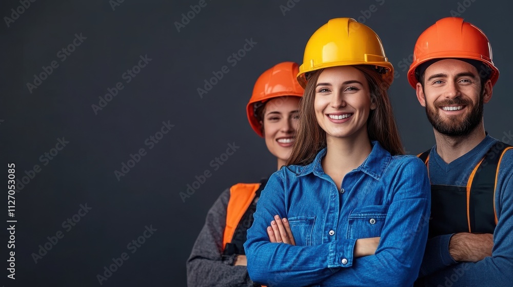 Smiling Construction Workers Wearing Hard Hats Posing for a Portrait on a Dark Background Smiling Construction Workers Wearing Hard Hats Posing for a Portrait on a Dark Background
