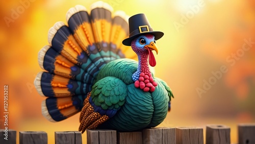 Charming Cartoon Turkey in Pilgrim Hat on Rustic Fence, Thanksgiving Illustration, Vibrant Autumn Colors, AI-Generated photo