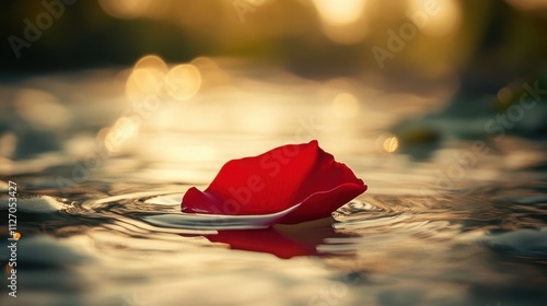 Serene Sunset Rose Petal Floating on Water