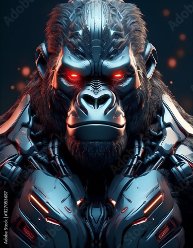 A stunning digital artwork depicting a gorilla enhanced with futuristic cybernetic elements. The powerful and intense gaze adds to its captivating presence. photo