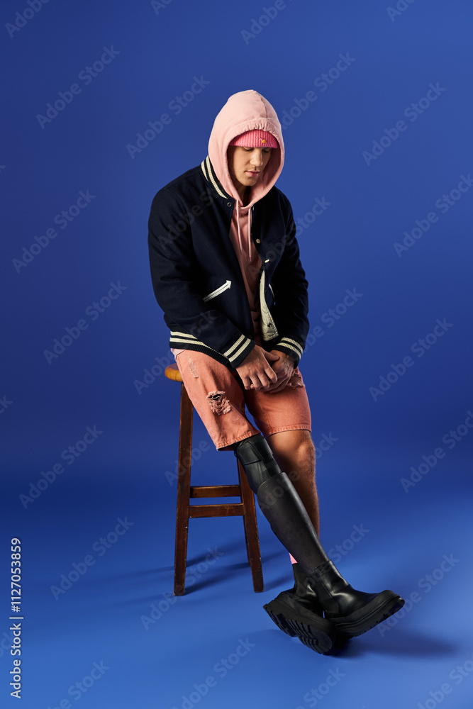 Naklejka premium Young man with a prosthetic leg showcases his unique style while sitting on a stool.