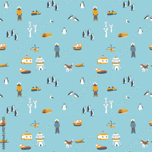 Polar station seamless pattern. Cute Cartoon arctic animals background. Vector Illustration.