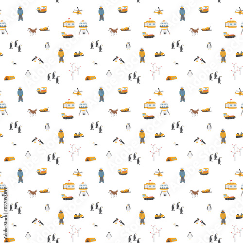Polar station seamless pattern. Cute Cartoon arctic animals background. Vector Illustration.