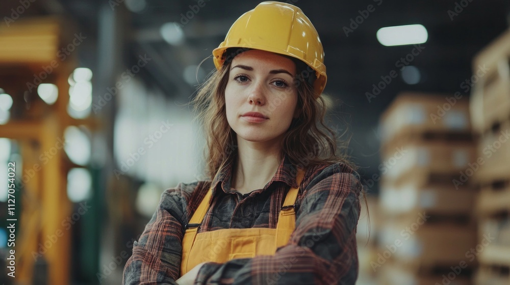 A dedicated female storage worker stands with her arms crossed, showcasing her strength and confidence A dedicated female storage worker stands with her arms crossed, showcasing her strength and confidence