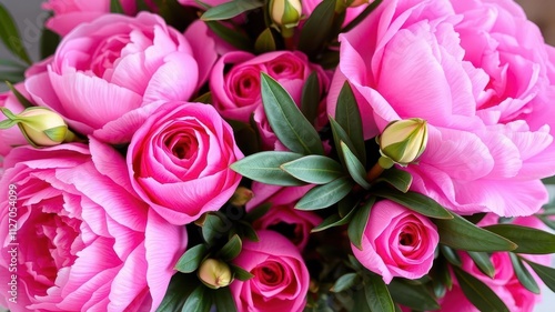 Fototapeta Naklejka Na Ścianę i Meble -  Close-up of a vibrant bunch of pink peonies and roses with blank space for text, bouquet, beautiful, roses