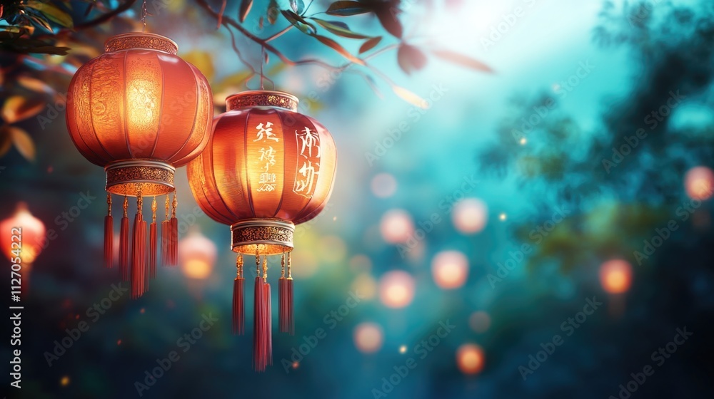 Obraz premium Enchanting chinese lanterns illuminating a serene night garden scene. Happy Chinese New Year