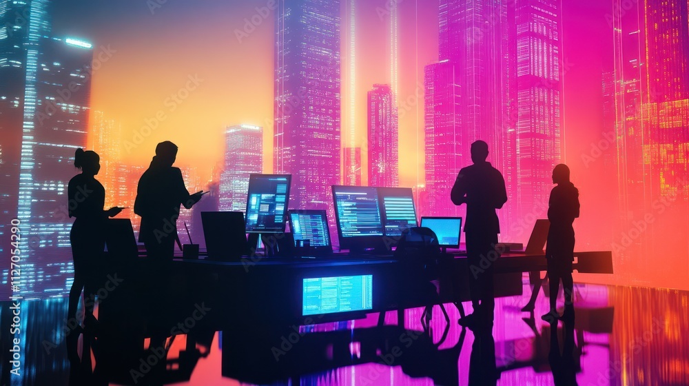 Silhouettes of Workers in a Neon Cityscape Silhouettes of Workers in a Neon Cityscape