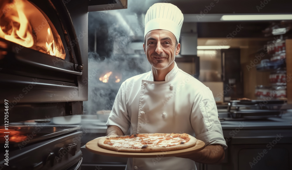 Experienced Italian chef stands proudly in bustling, authentic kitchen, wearing traditional white uniform and hat. Holding fresh baked pizza on wooden board, he smiles confidently. Restaurant industry Experienced Italian chef stands proudly in bustling, authentic kitchen, wearing traditional white uniform and hat. Holding fresh baked pizza on wooden board, he smiles confidently. Restaurant industry