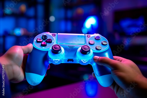 Gamer in an online tournament setting, focused and holding a customized game controller. photo