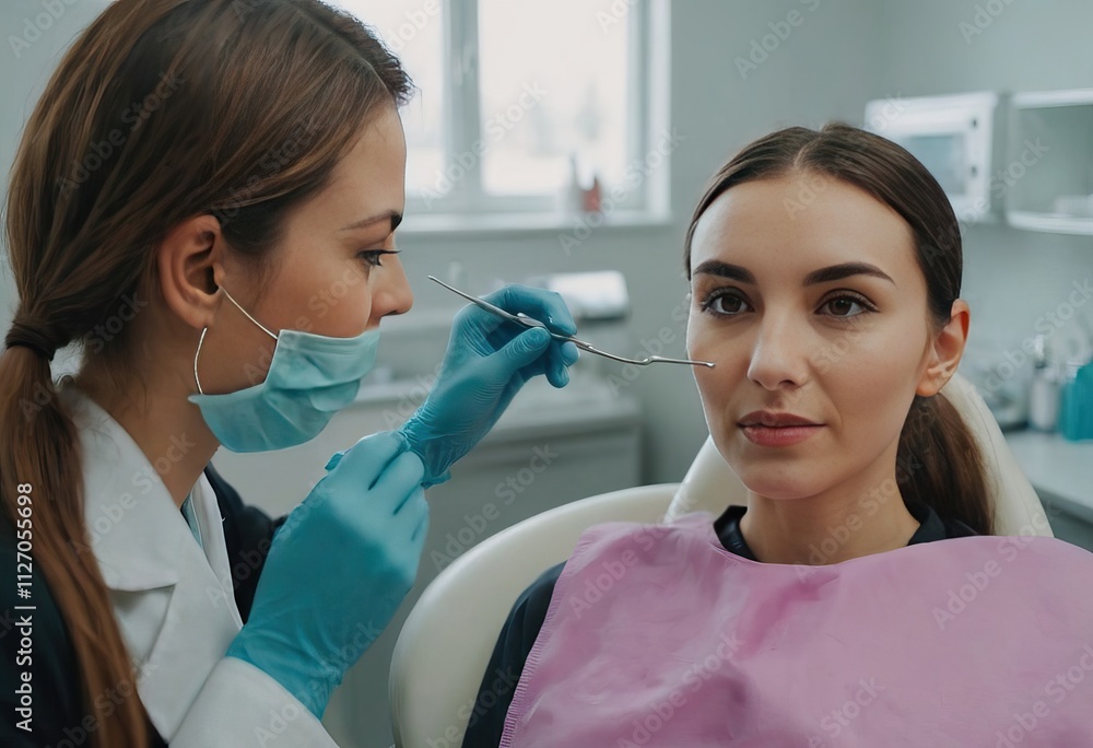 A woman is currently getting her teeth thoroughly examined by a dentist A woman is currently getting her teeth thoroughly examined by a dentist